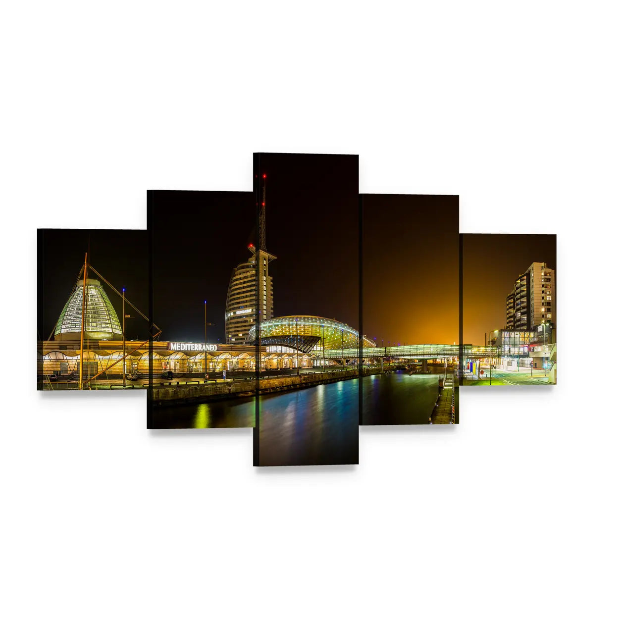 Night Bridge and River in Bremerhaven Canvas Wall Art, 5 panel 5 Star layout gallery wrapped canvas set, angled product view