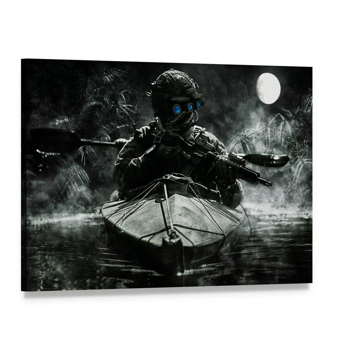 Two Special Forces Operators in a Kayak Canvas Wall Art, single panel gallery wrapped canvas, angled product view