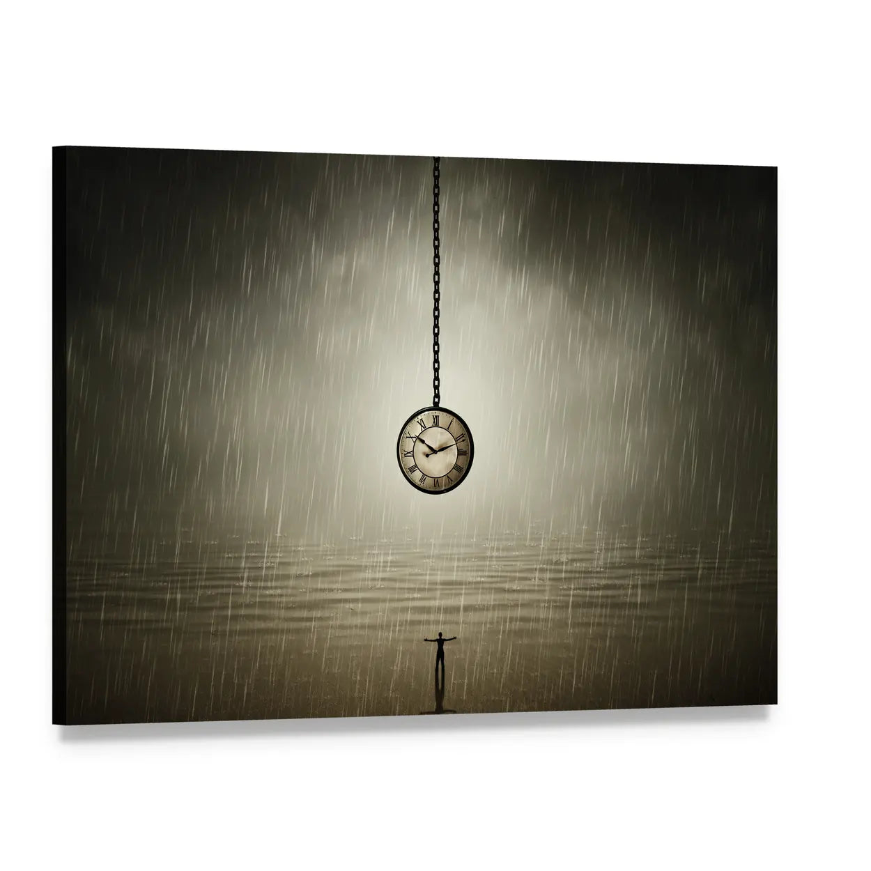 Rainy Night Silhouette with Pocket Watch Canvas Wall Art, single panel gallery wrapped canvas, angled product view
