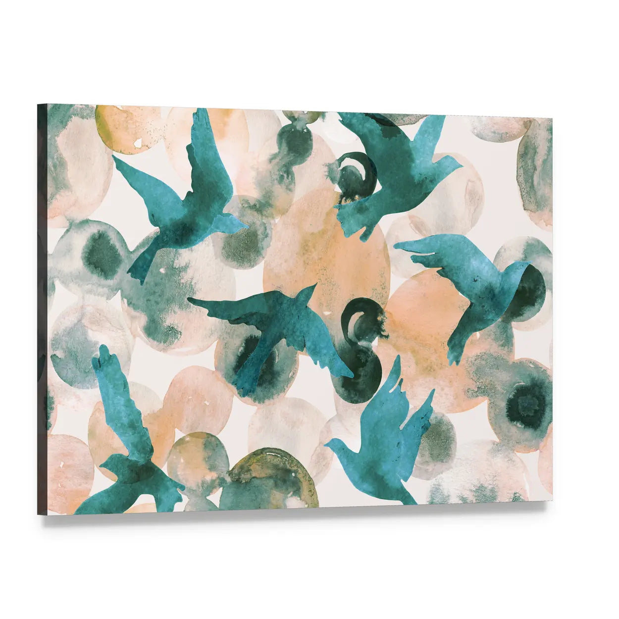 Teal Birds in Flight Abstract Canvas Wall Art, single panel gallery wrapped canvas, angled product view