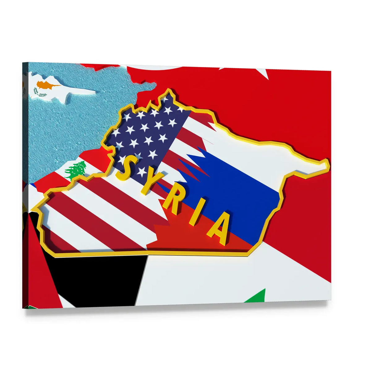 Syria Map with Us and Russian Flags Canvas Wall Art, single panel gallery wrapped canvas, angled product view