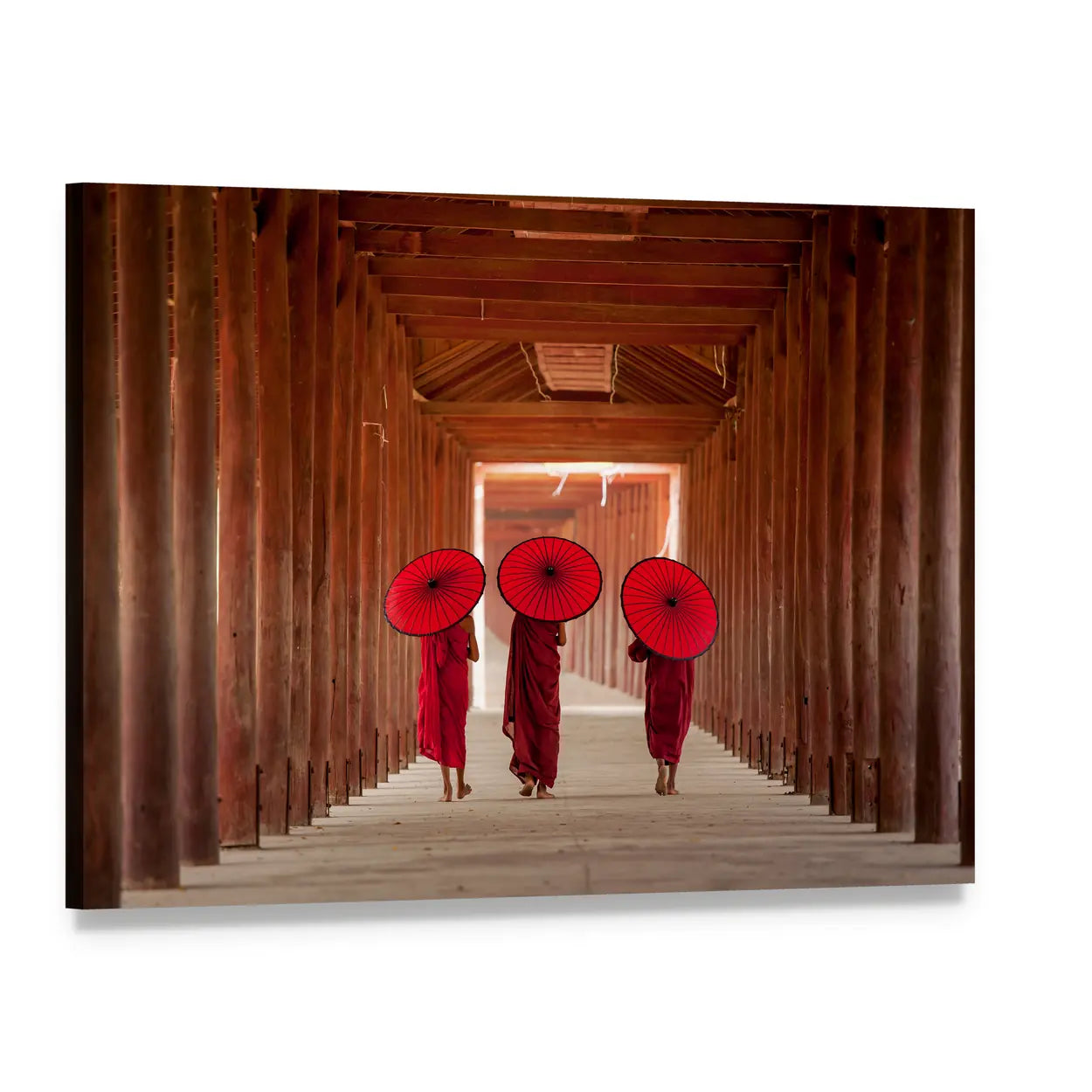 Three Novice Monks in Wooden Corridor Canvas Wall Art, single panel gallery wrapped canvas, angled product view
