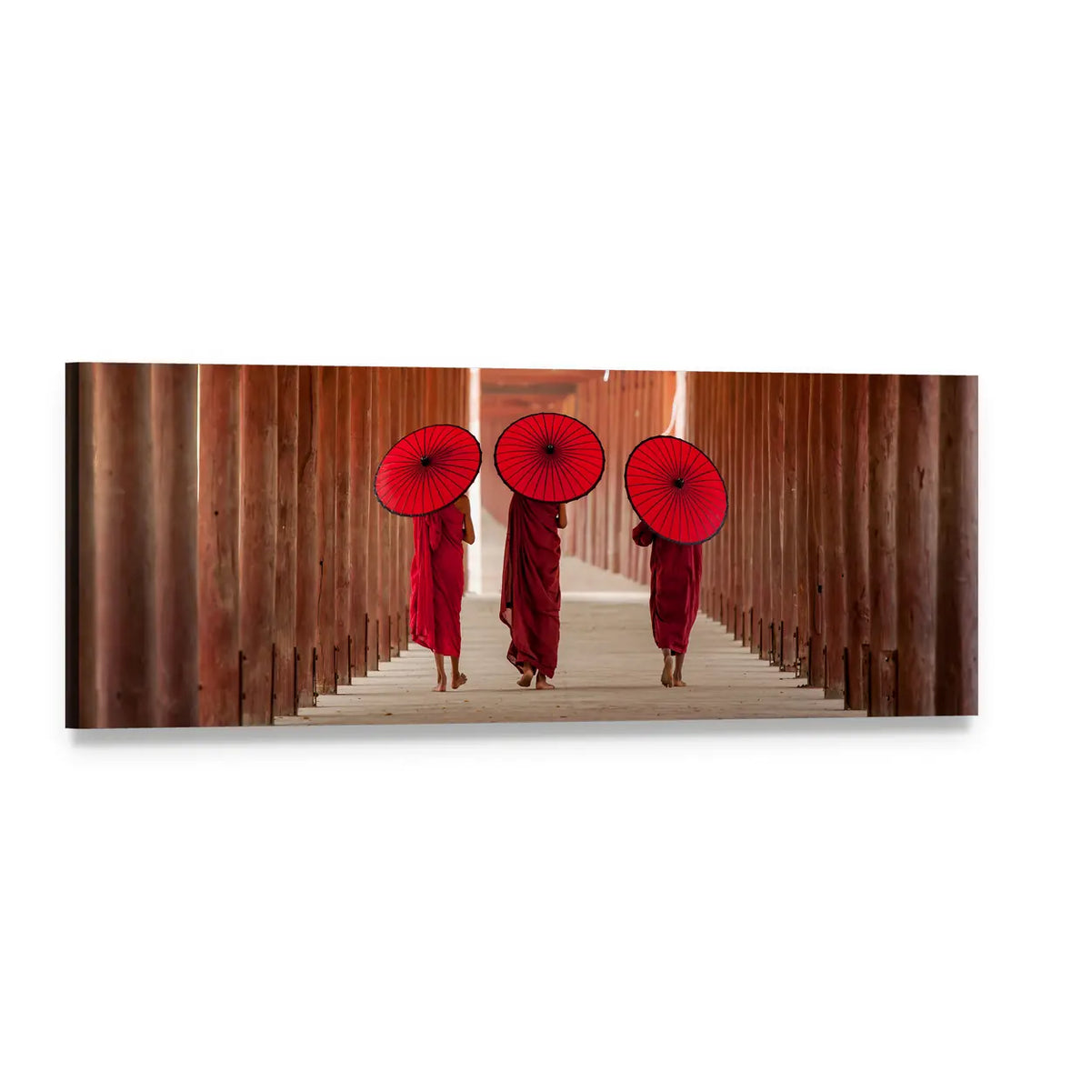 Three Novice Monks Walking Panoramic Canvas Wall Art, single panel gallery wrapped canvas, angled product view