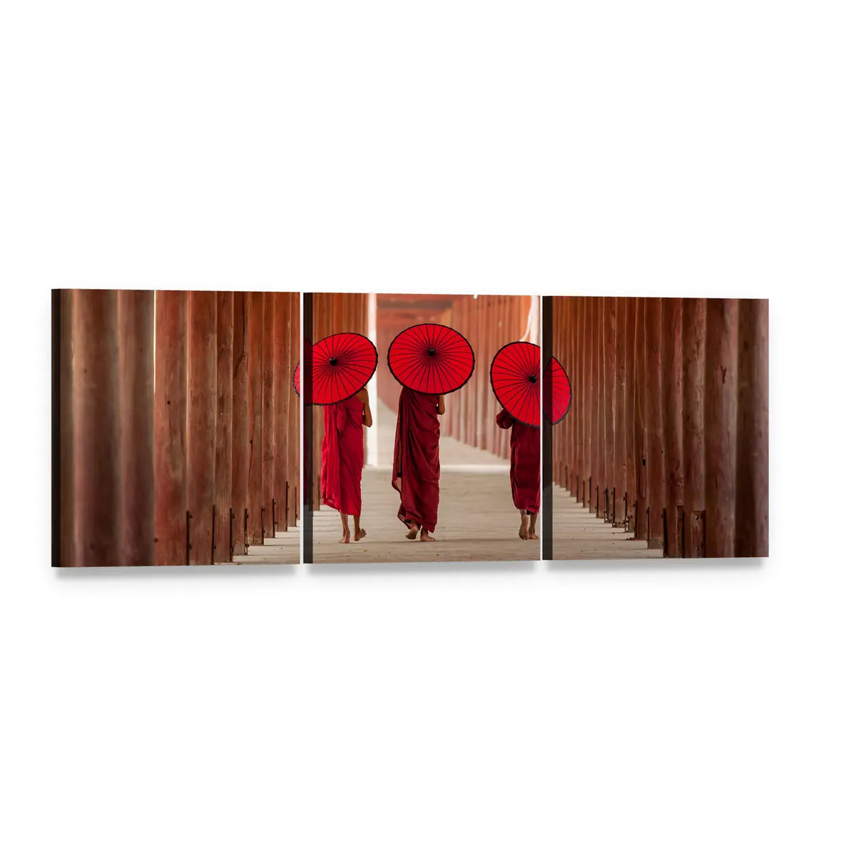 Three Novice Monks Walking Panoramic Canvas Wall Art, 3 panel 3 Piece layout gallery wrapped canvas set, angled product view