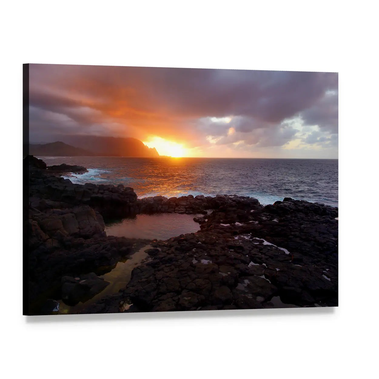 Queen's Bath Sunset Over Kauai Shoreline Canvas Wall Art, single panel gallery wrapped canvas, angled product view
