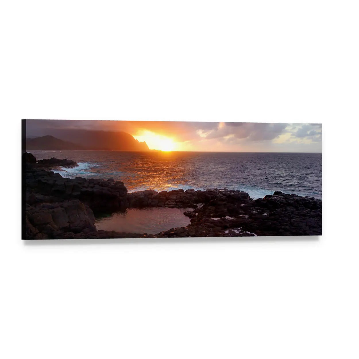 Queen's Bath at Sunset, Kauai Panoramic Canvas Wall Art, single panel gallery wrapped canvas, angled product view