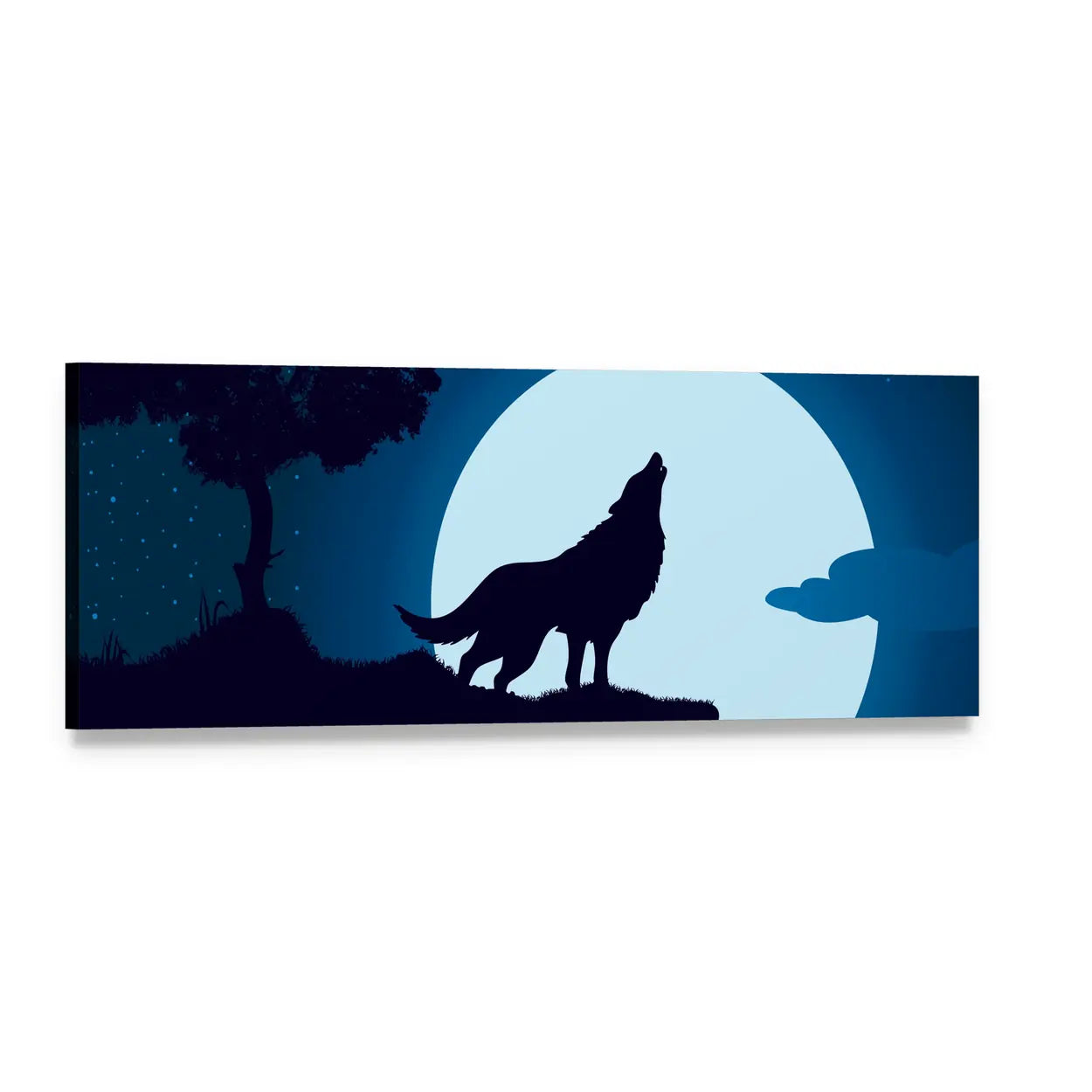 Howling Wolf Under Full Moon Panoramic Canvas Wall Art, single panel gallery wrapped canvas, angled product view