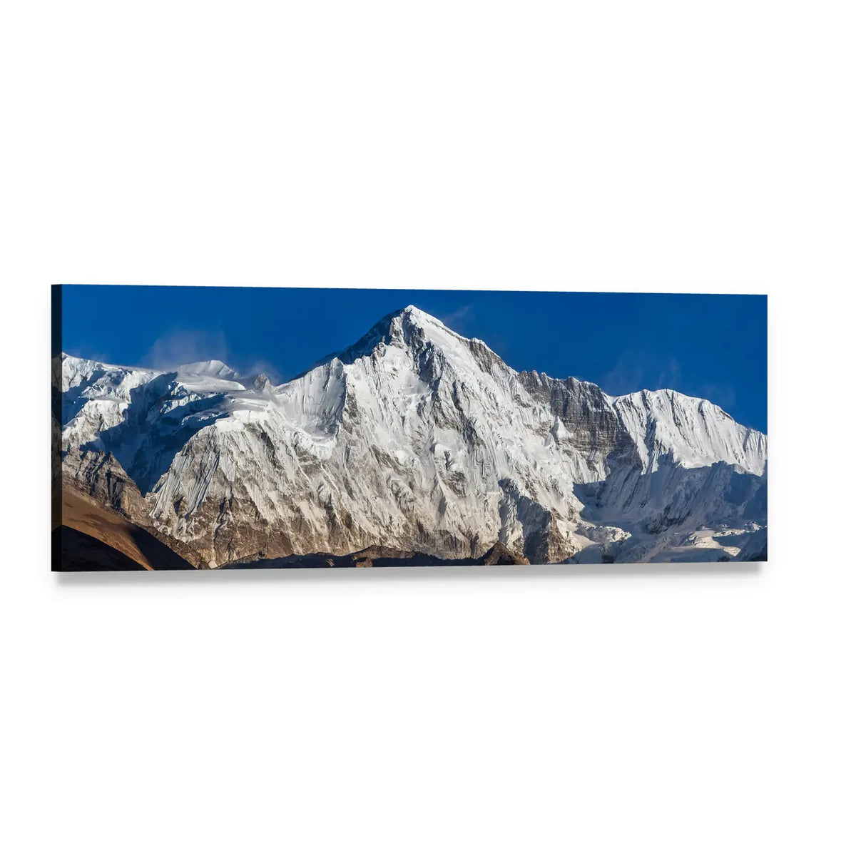 Snow-capped Mountain Ridge with Sharp Peak Panoramic Canvas Wall Art, single panel gallery wrapped canvas, angled product view