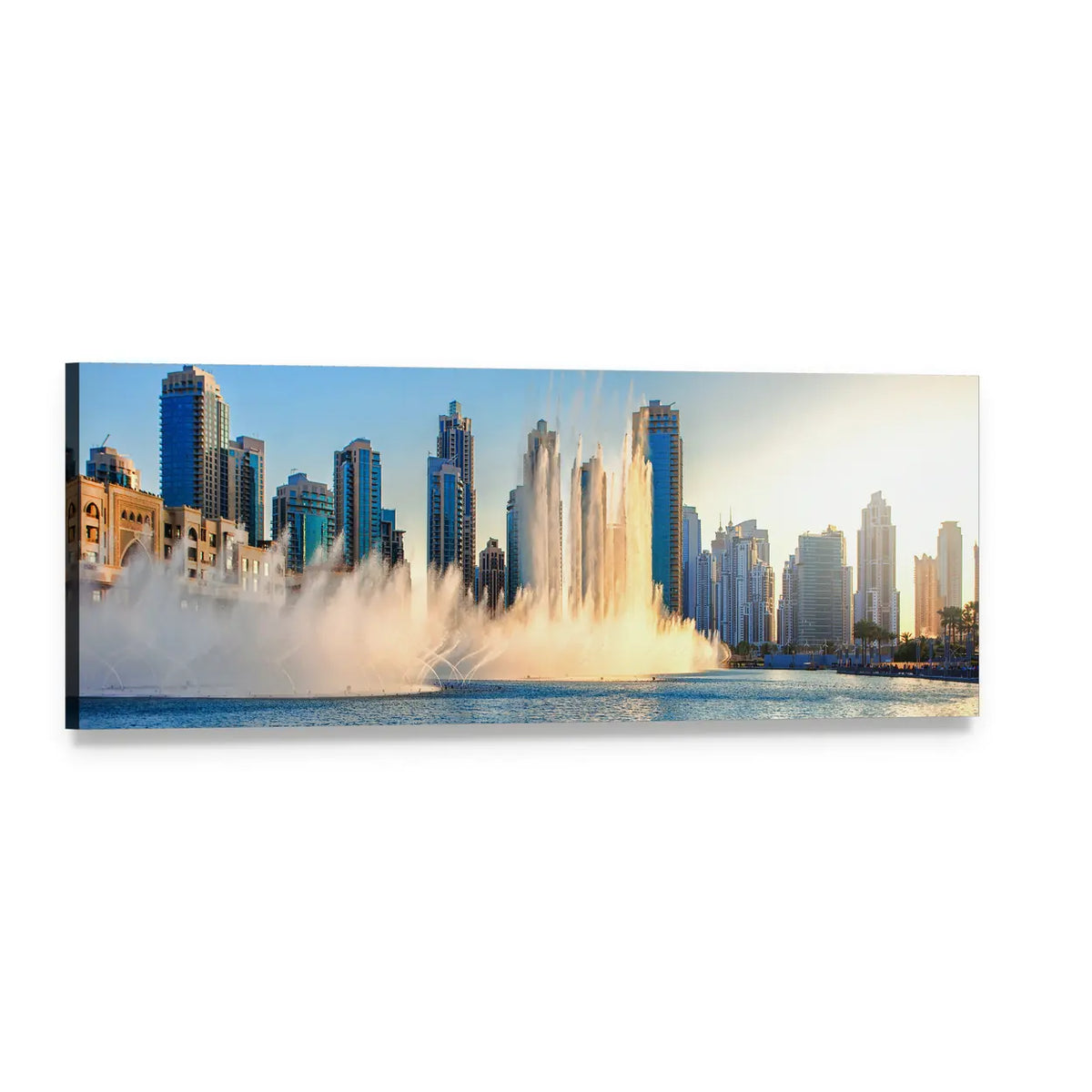 Burj Khalifa Fountain Skyline Panoramic Canvas Wall Art, single panel gallery wrapped canvas, angled product view