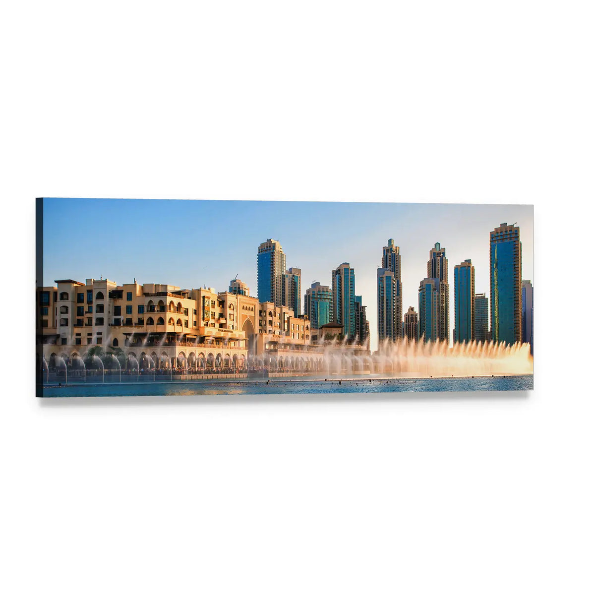 Burj Khalifa Fountains Panoramic Canvas Wall Art, single panel gallery wrapped canvas, angled product view