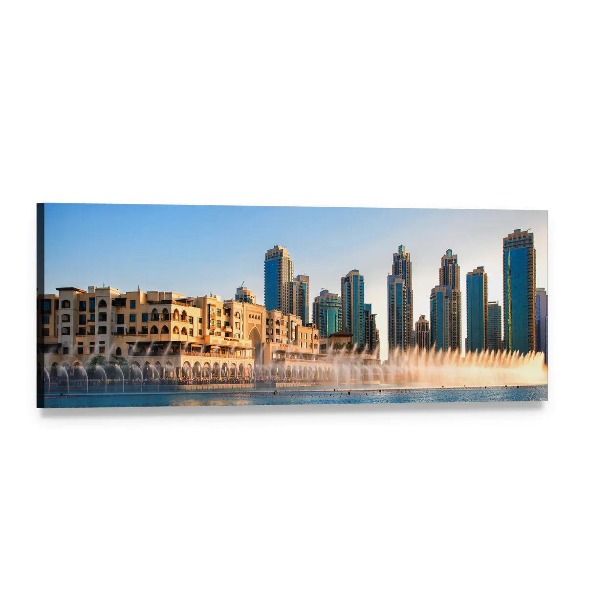 Burj Khalifa Fountains Panoramic Canvas Wall Art, single panel gallery wrapped canvas, angled product view