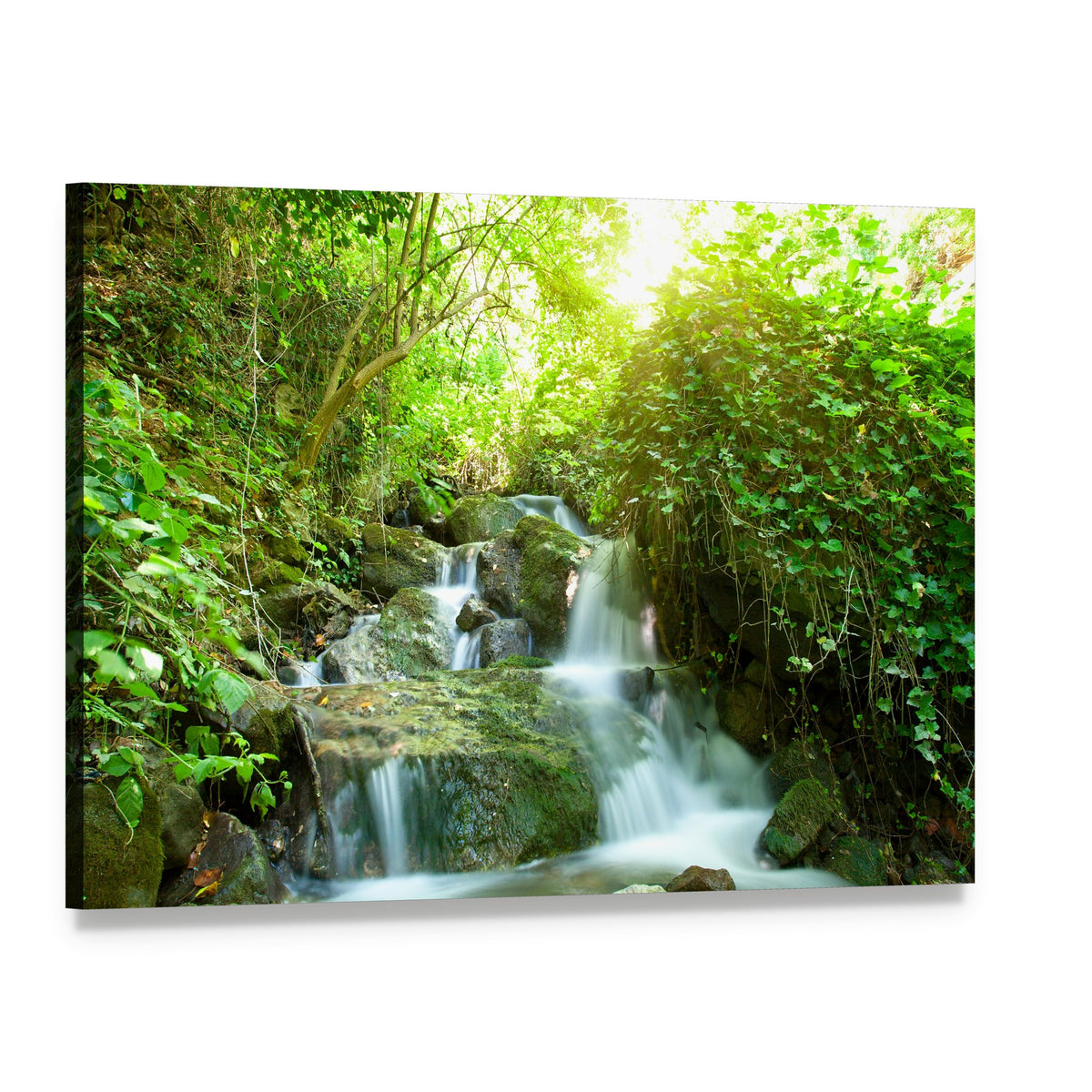 Waterfall in Small Forest Canvas Wall Art, single panel gallery wrapped canvas, angled product view