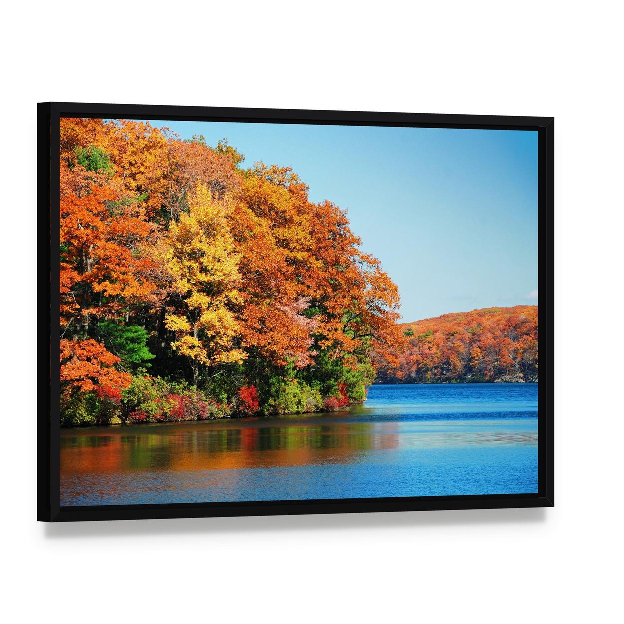 Autumn Colorful Foliage with Lake Canvas Wall Art, framed canvas in a black floater frame, angled product view