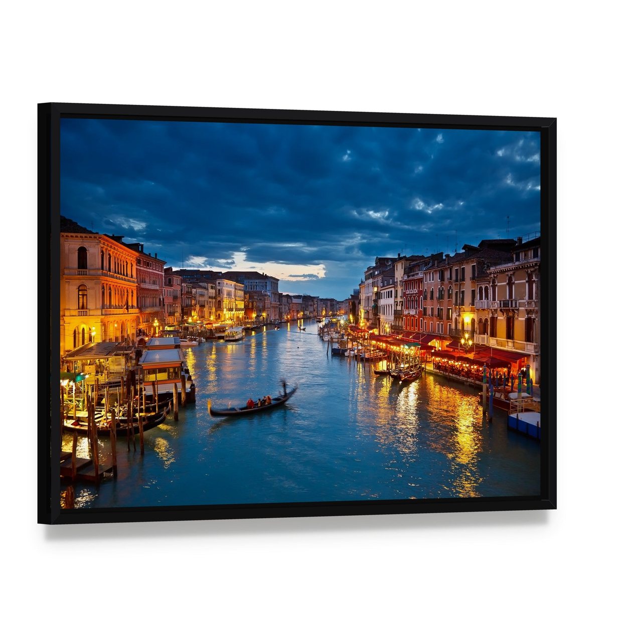 Venice Canal at Twilight Canvas Wall Art, framed canvas in a black floater frame, angled product view