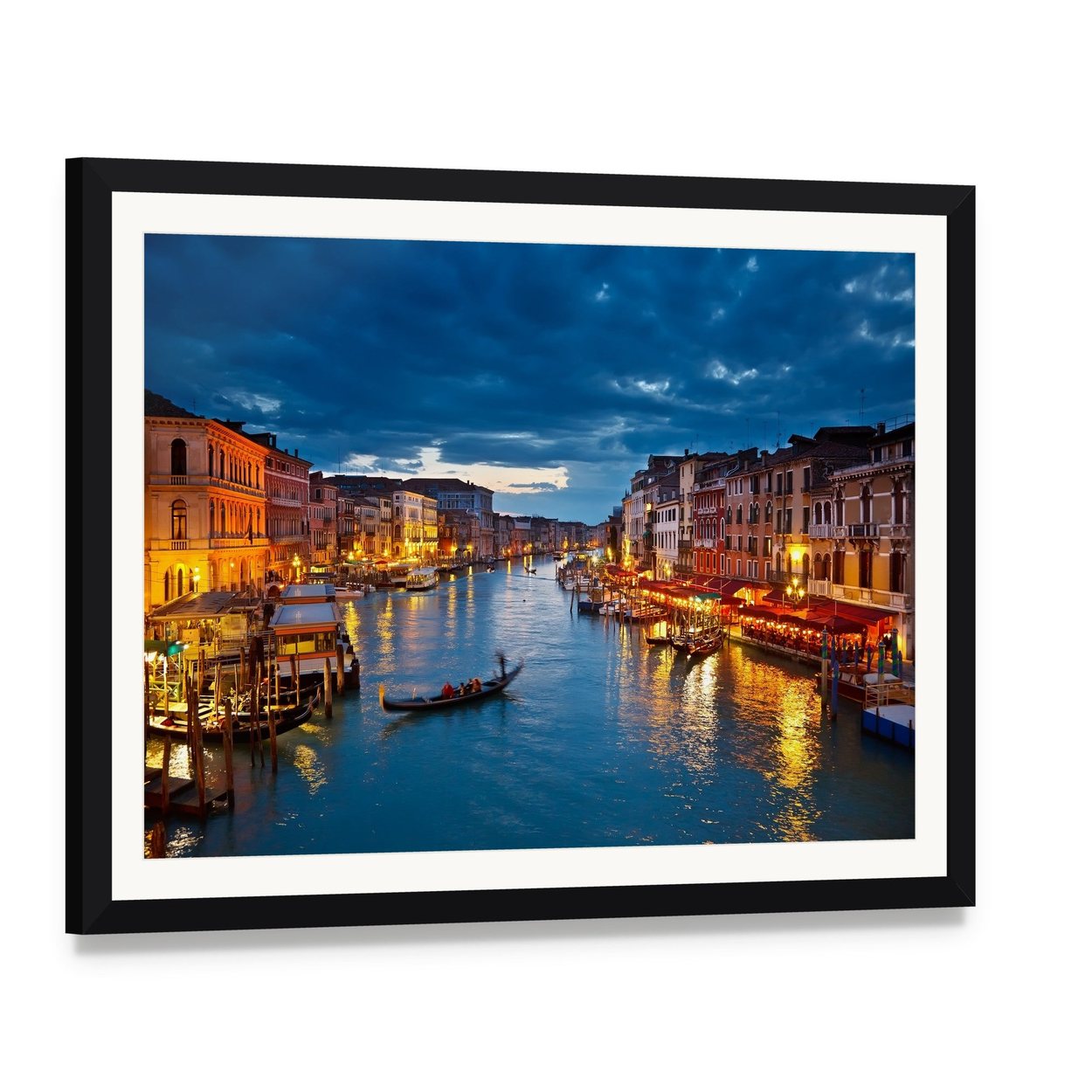 Venice Canal at Twilight Canvas Wall Art, framed print with white mat and black frame, angled product view