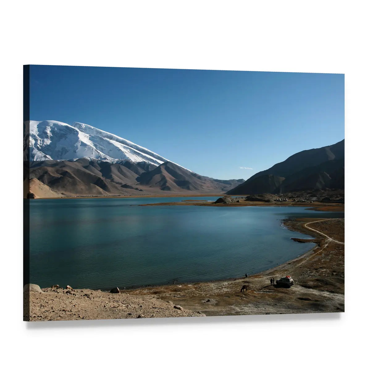 Mountain Muztahgata And Kara Kul Lake In Xinjiang China Canvas Wall Art, single panel gallery wrapped canvas, angled product view