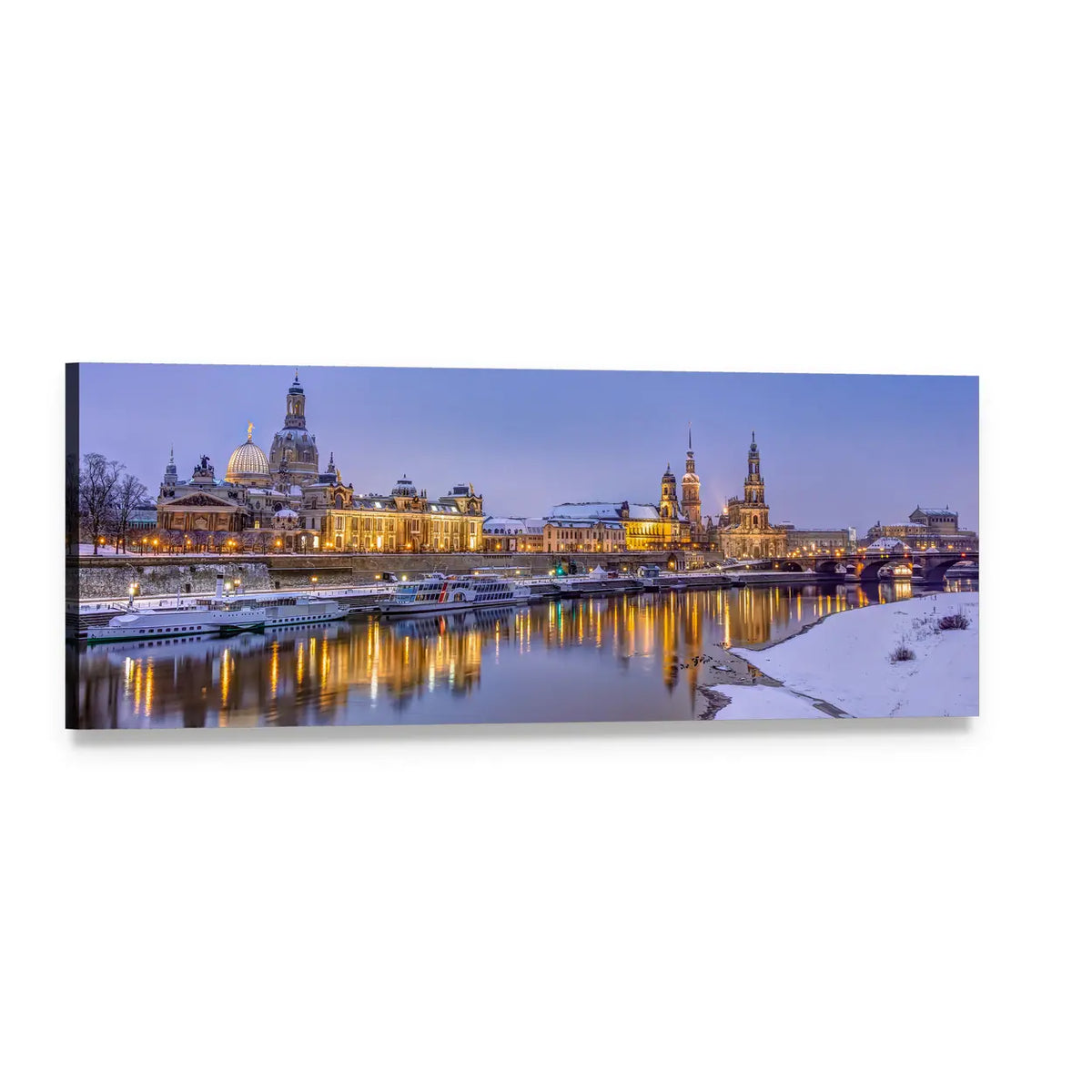 Dresden Skyline in Winter Panoramic Canvas Wall Art, single panel gallery wrapped canvas, angled product view