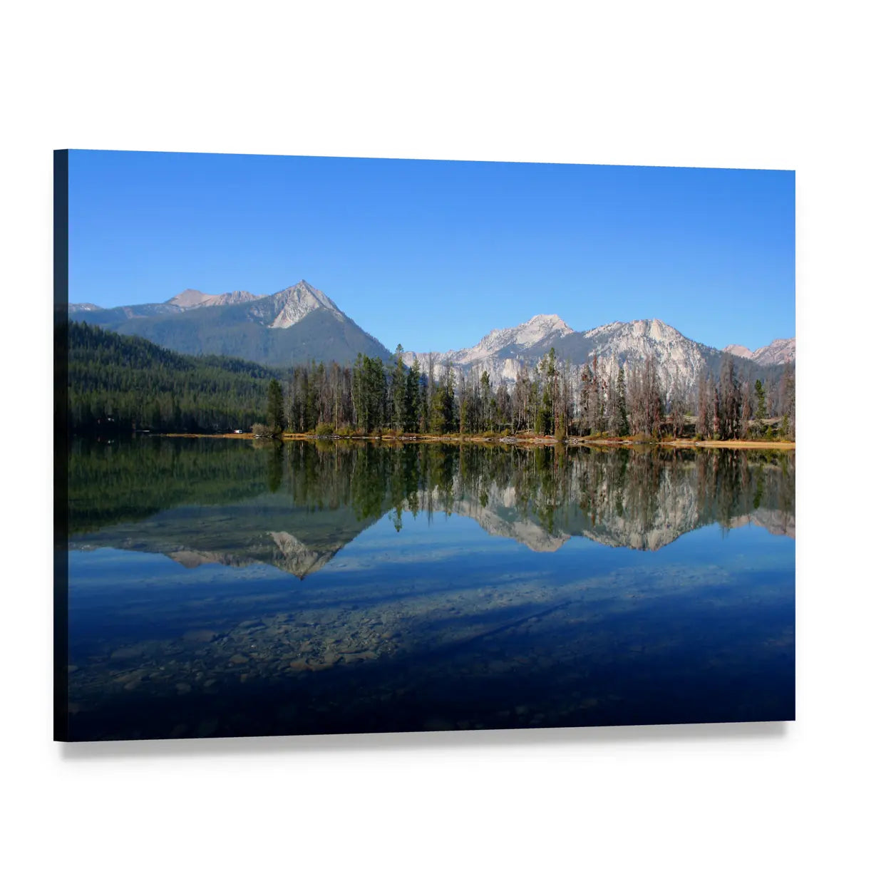 Lake and Sawtooth Mountain Canvas Wall Art, single panel gallery wrapped canvas, angled product view