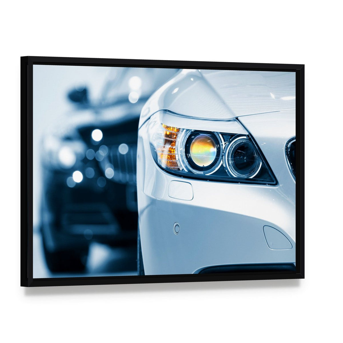 Close Up of Car Headlight Canvas Wall Art, framed canvas in a black floater frame, angled product view