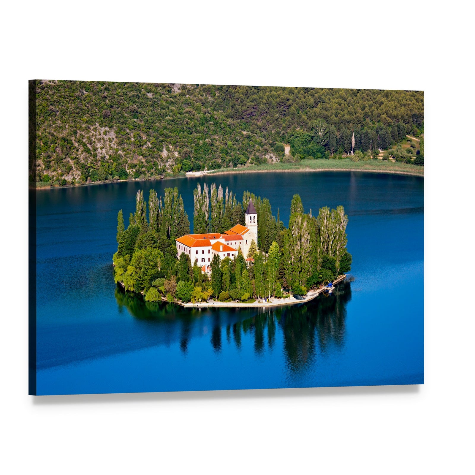 Island on River Krka Canvas Wall Art, single panel gallery wrapped canvas, angled product view