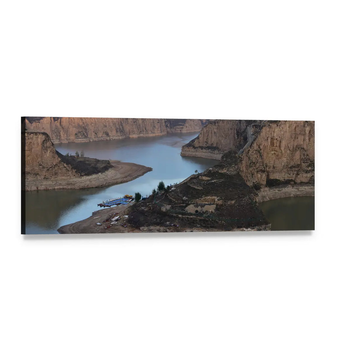 Yellow River Winding Canyon Landscape Panoramic Canvas Wall Art, single panel gallery wrapped canvas, angled product view