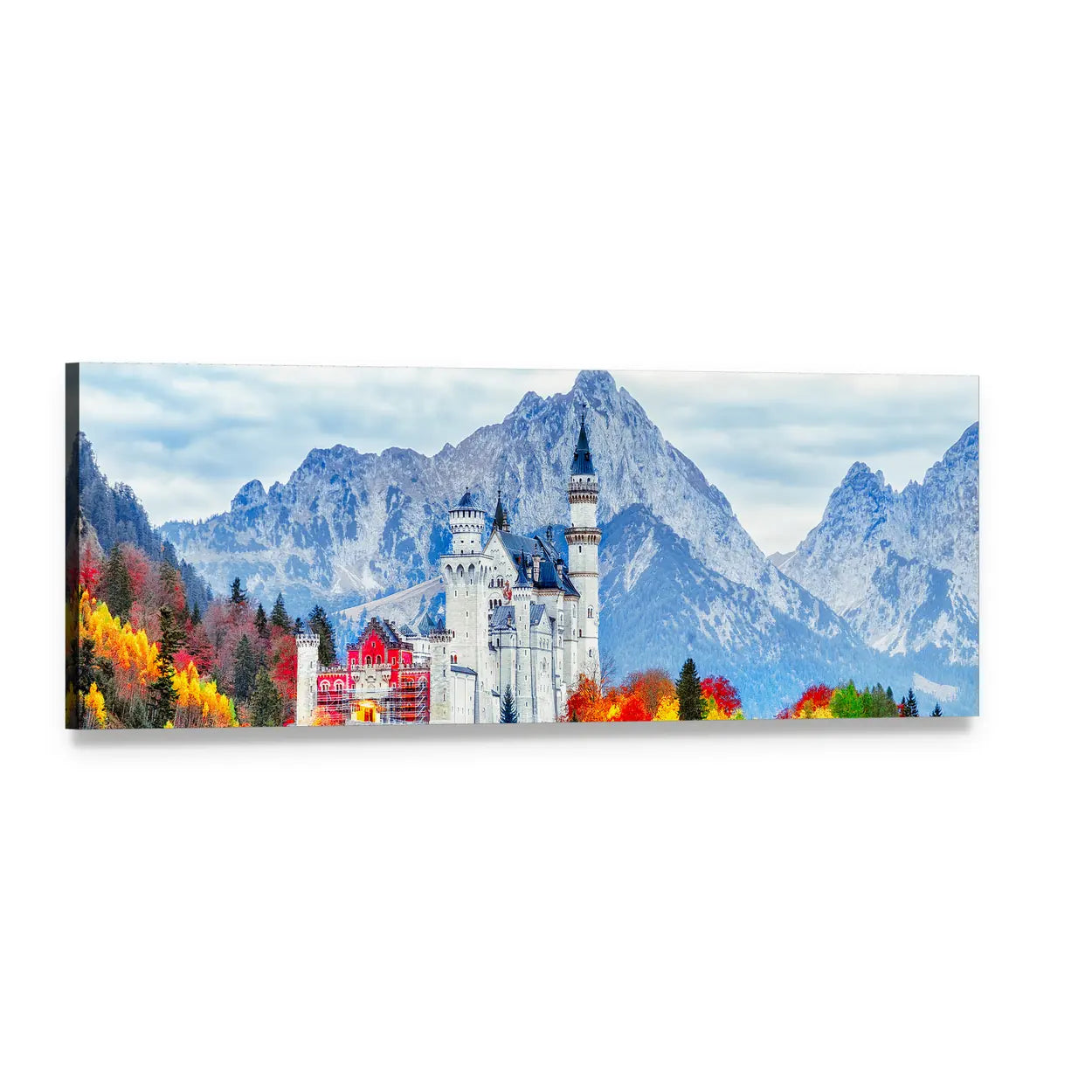 Neuschwanstein Castle in Autumn Panoramic Canvas Wall Art, single panel gallery wrapped canvas, angled product view