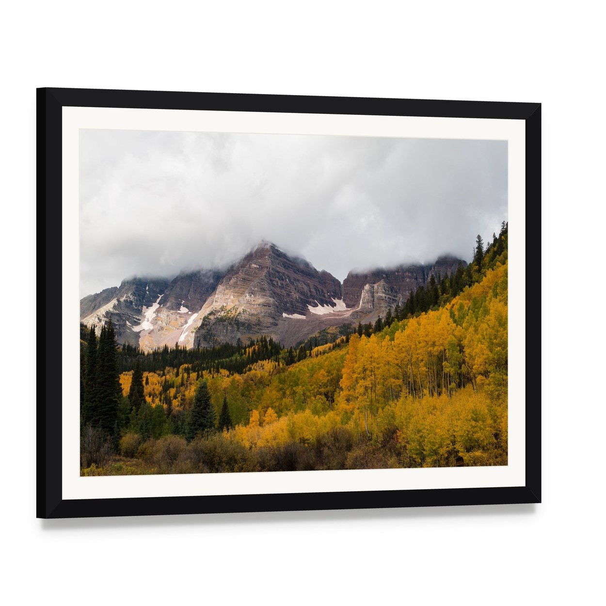 Fall at Maroon Bells Canvas Wall Art, framed print with white mat and black frame, angled product view