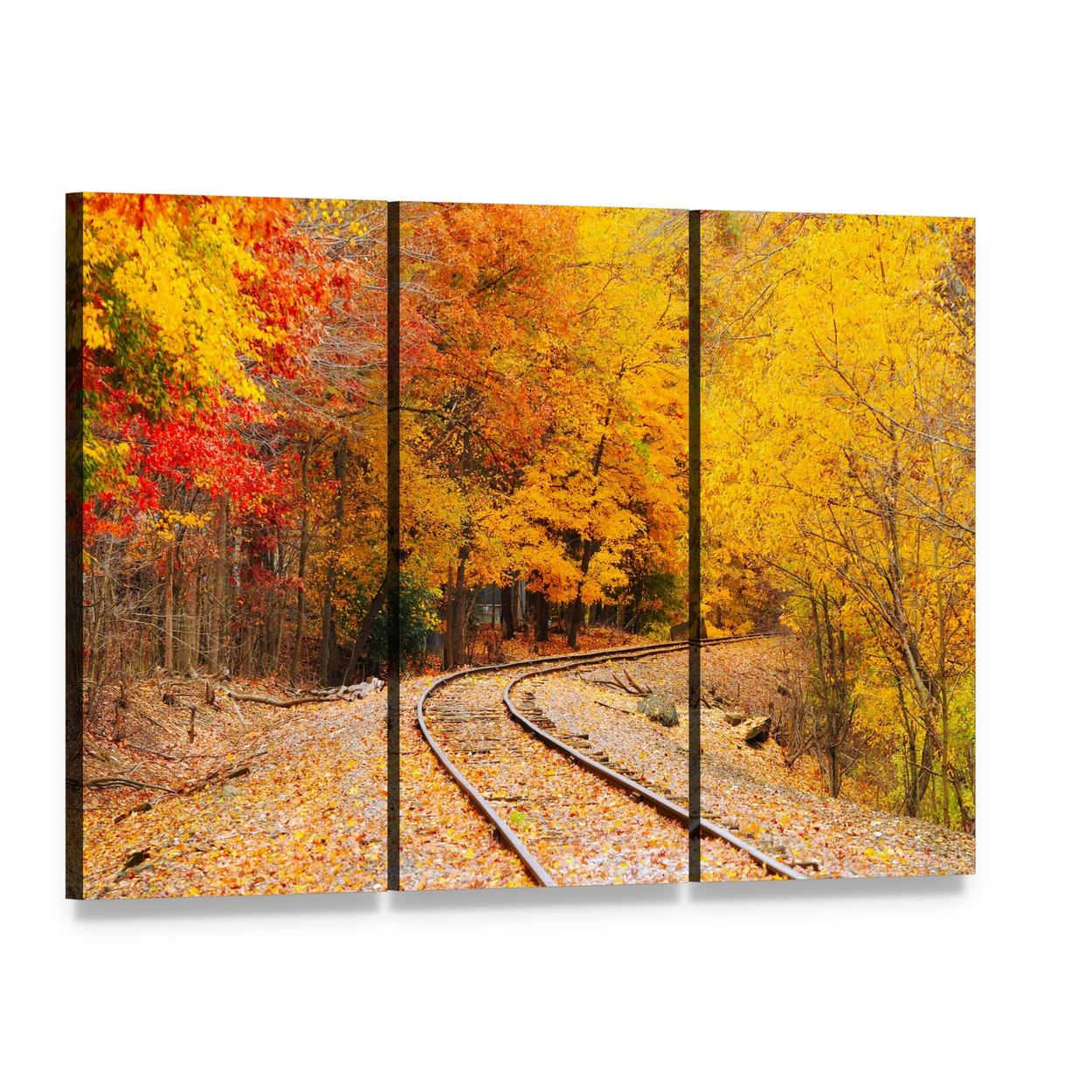 Railroad Track in Autumn Canvas Wall Art, 3 panel 3 Horizontal layout gallery wrapped canvas set, angled product view