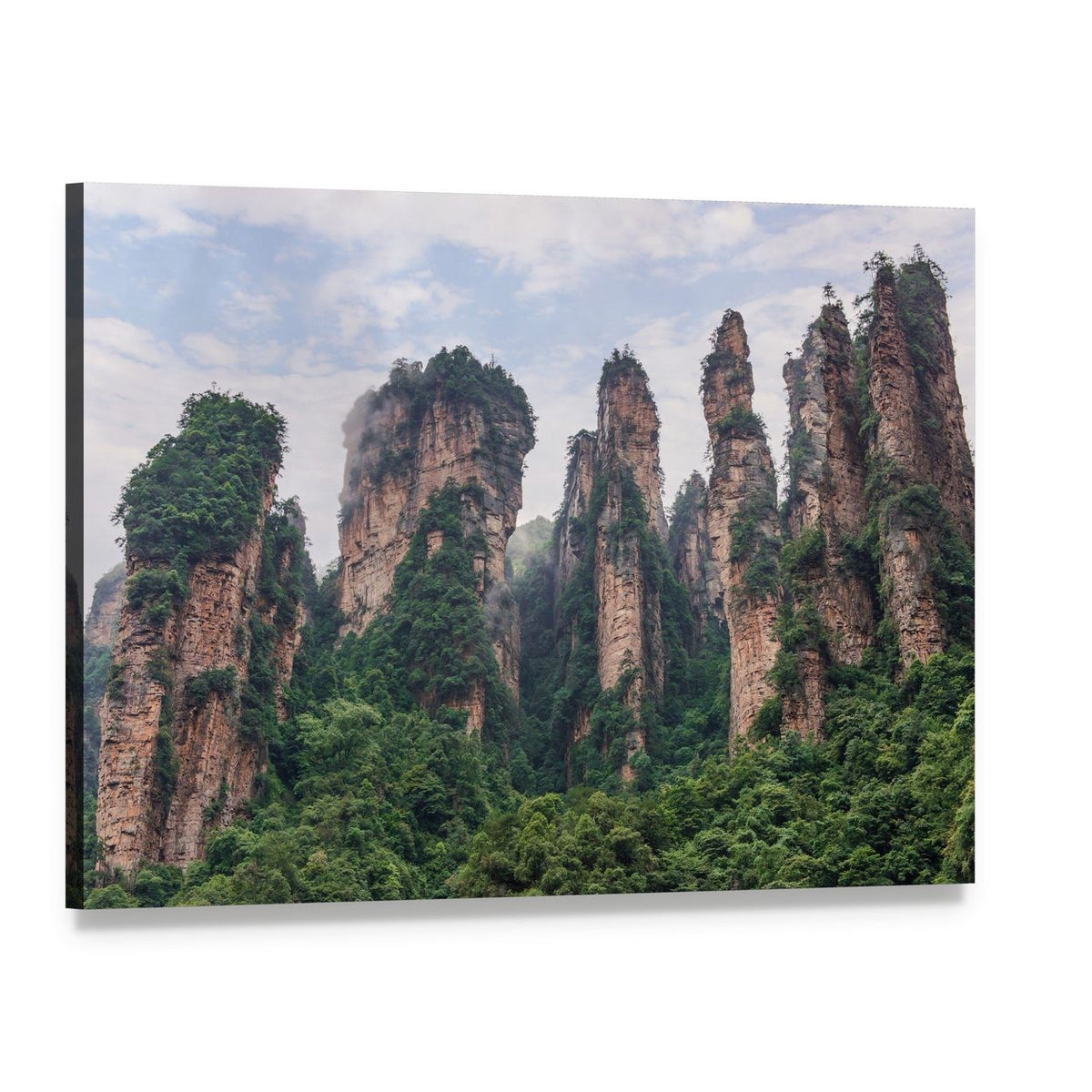 Zhangjiajie Mountain Pillars in Fog Canvas Wall Art, single panel gallery wrapped canvas, angled product view