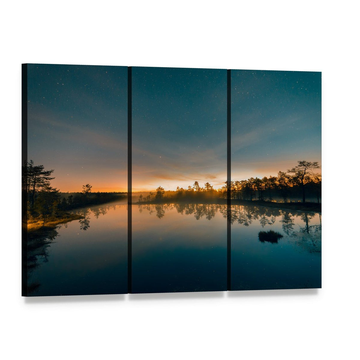 Starry Night at a Swamp Canvas Wall Art, 3 panel 3 Horizontal layout gallery wrapped canvas set, angled product view