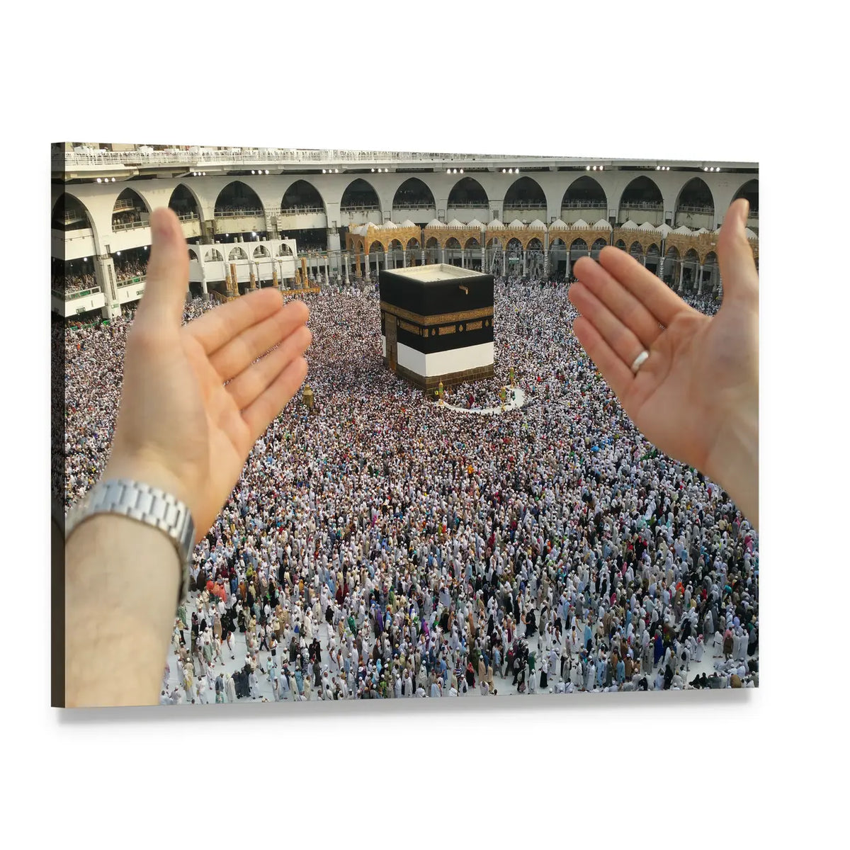 Prayer Hands at the Kaaba Canvas Wall Art, single panel gallery wrapped canvas, angled product view