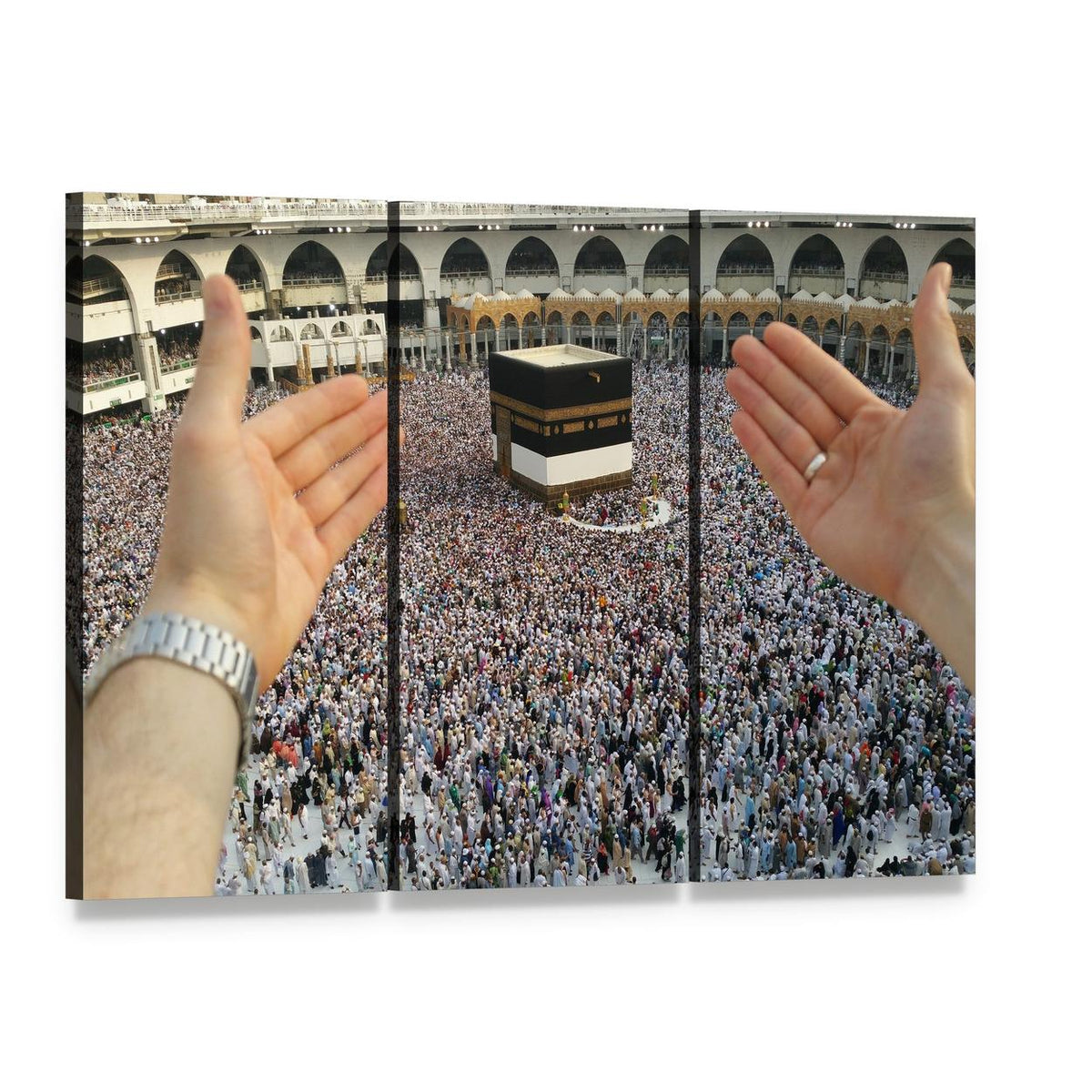 Prayer at the Holy Kaaba in Mecca Canvas Wall Art, 3 panel 3 Horizontal layout gallery wrapped canvas set, angled product view