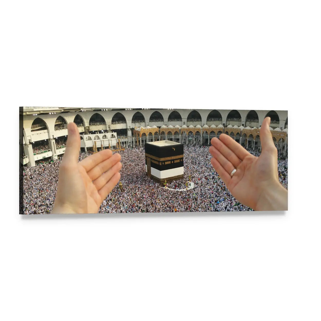 Man Praying at the Kaaba Panoramic Canvas Wall Art, single panel gallery wrapped canvas, angled product view