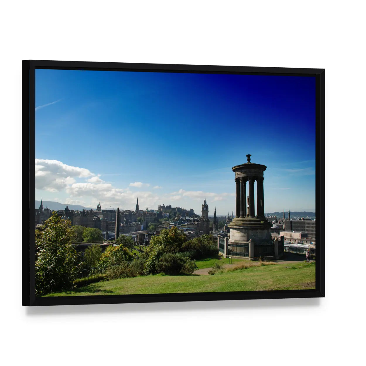 Calton Hill Scotland with Dugald Stewart Monument Canvas Wall Art, framed canvas in a black floater frame, angled product view