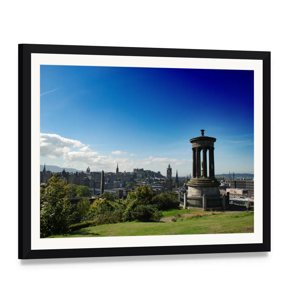 Calton Hill Scotland with Dugald Stewart Monument Canvas Wall Art, framed print with white mat and black frame, angled product view
