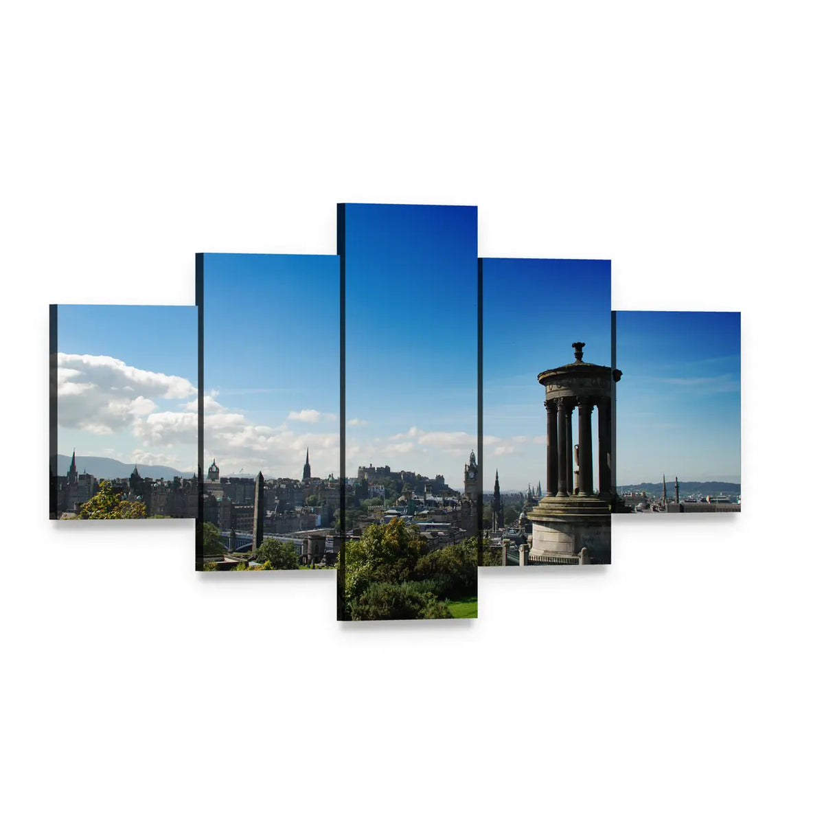 Calton Hill Scotland with Dugald Stewart Monument Canvas Wall Art, 5 panel 5 Star layout gallery wrapped canvas set, angled product view