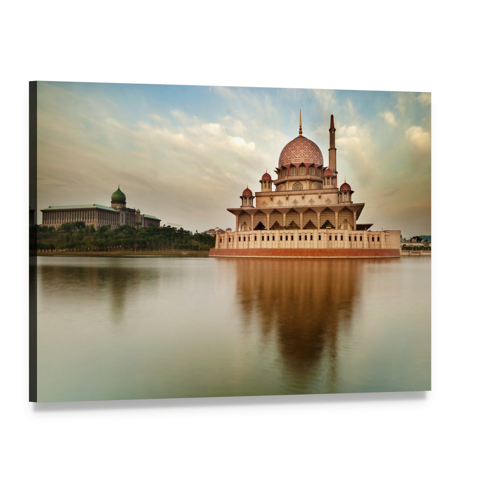 Putra Mosque with Pink Dome and Reflection Canvas Wall Art, single panel gallery wrapped canvas, angled product view