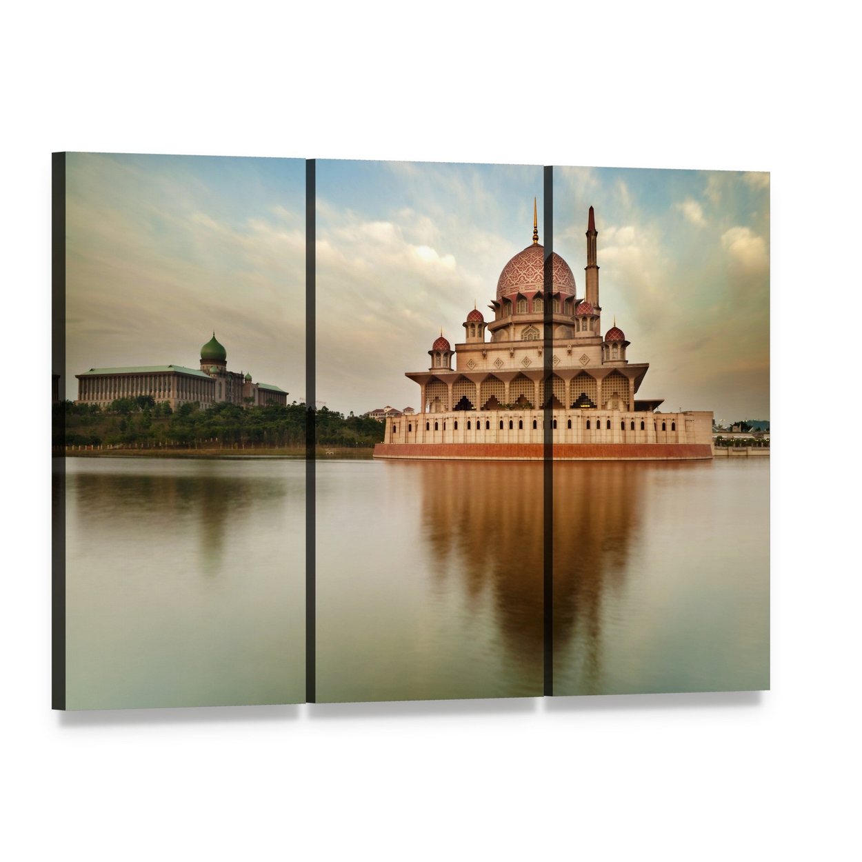Putra Mosque with Pink Dome and Reflection Canvas Wall Art, 3 panel 3 Horizontal layout gallery wrapped canvas set, angled product view