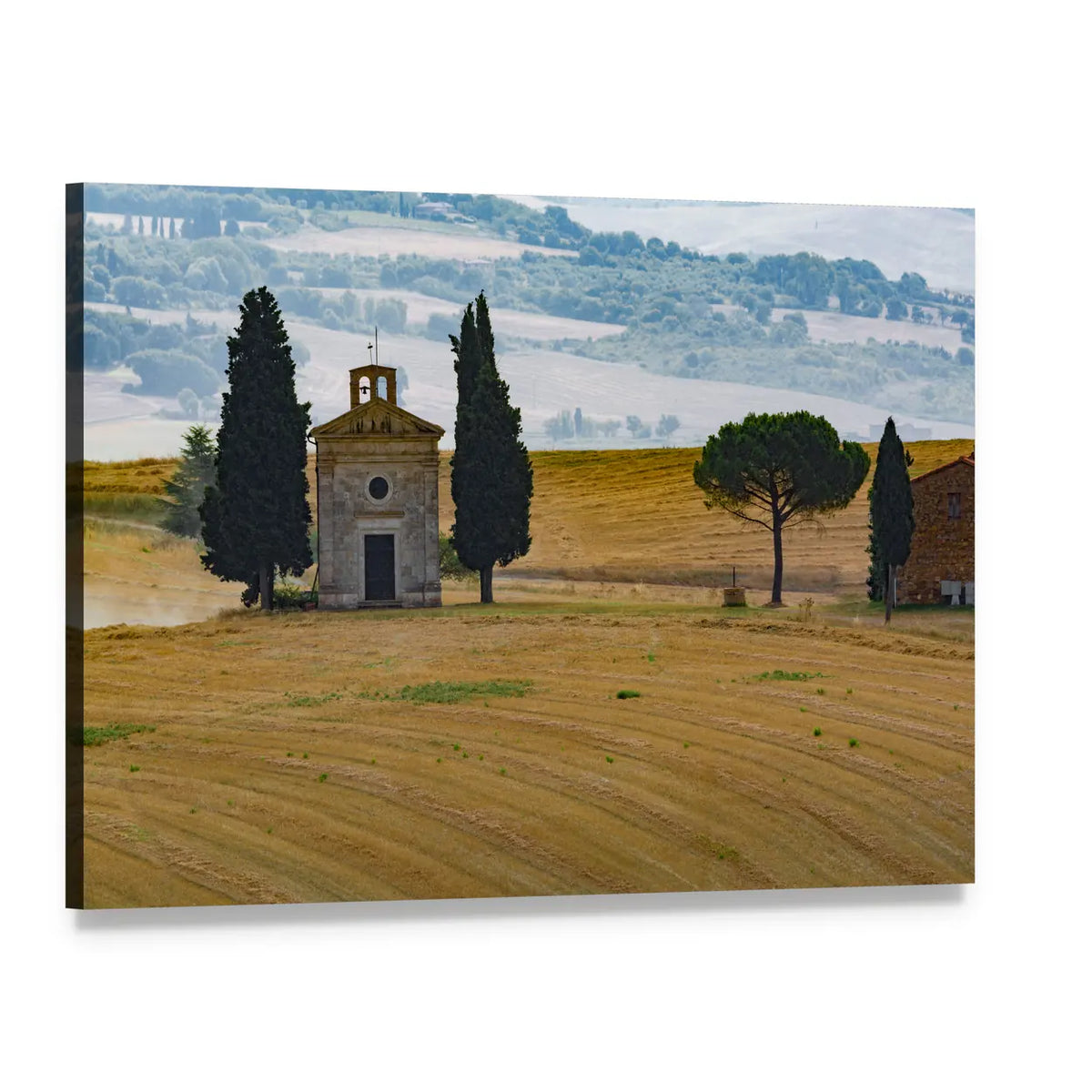 Farmhouse and Cypress Trees Canvas Wall Art, single panel gallery wrapped canvas, angled product view