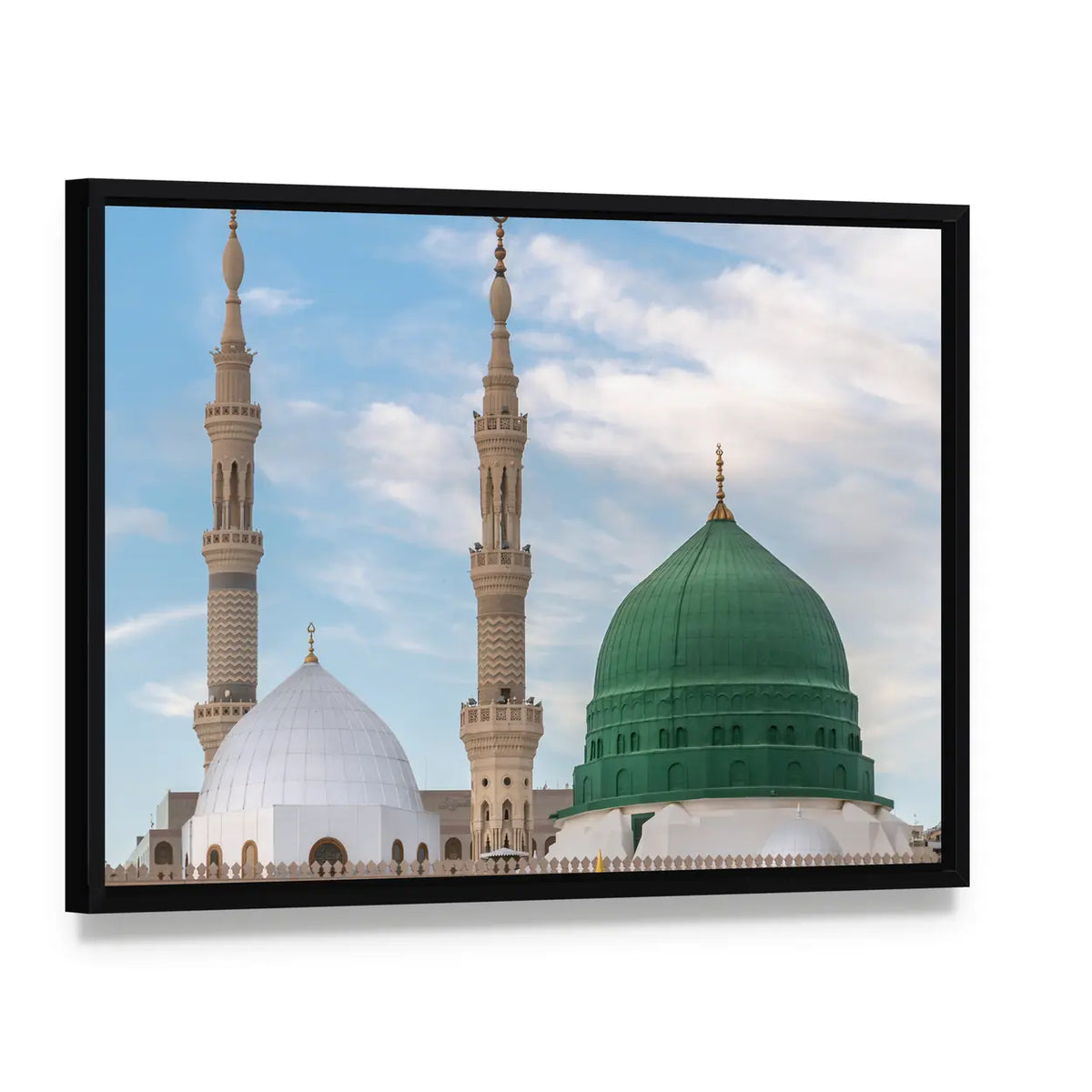 Prophet's Tomb Under the Green Dome Canvas Wall Art, framed canvas in a black floater frame, angled product view