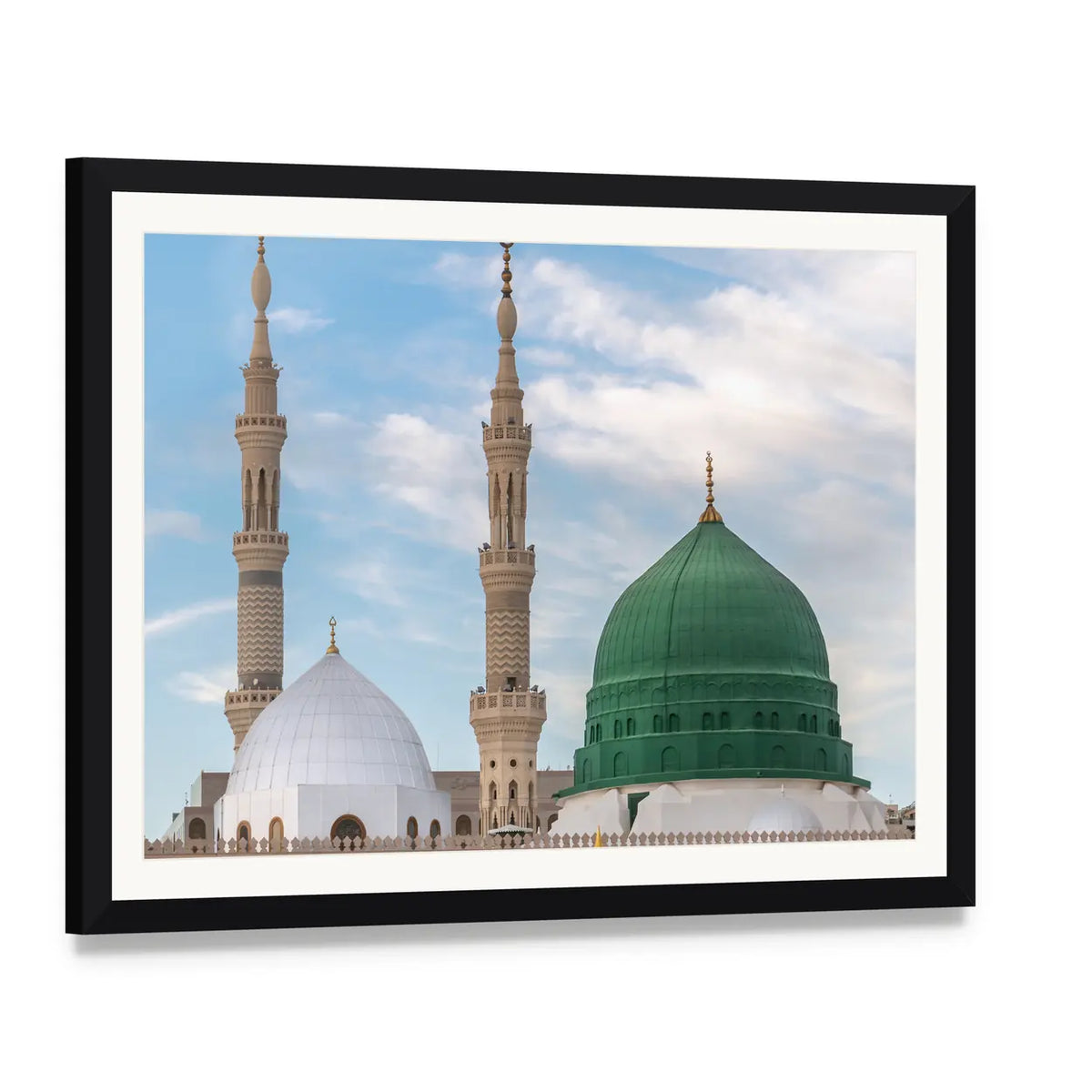 Prophet's Tomb Under the Green Dome Canvas Wall Art, framed print with white mat and black frame, angled product view