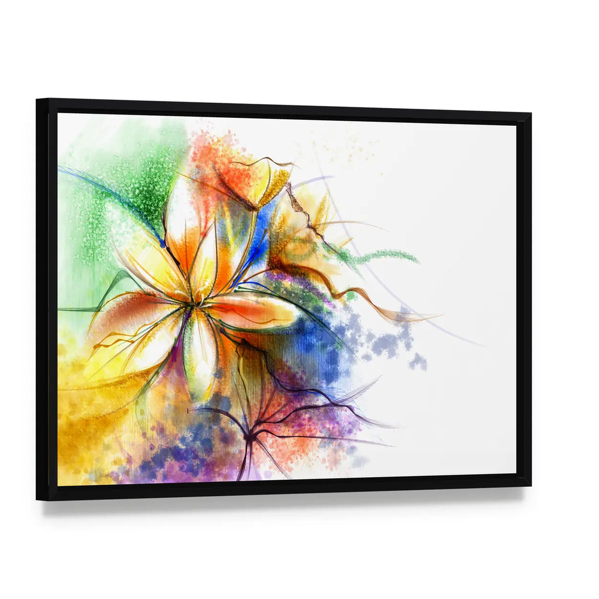 Colorful Abstract Lilies Canvas Wall Art, framed canvas in a black floater frame, angled product view