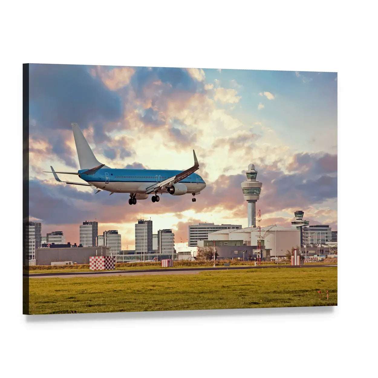 Commercial Airplane Landing by Control Tower Canvas Wall Art, single panel gallery wrapped canvas, angled product view