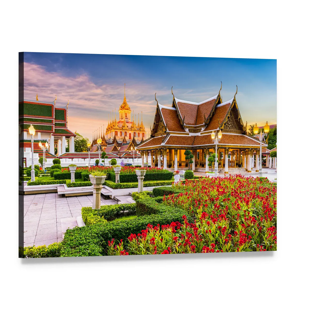 Wat Ratchanatdaram Temple Garden at Dusk Canvas Wall Art, single panel gallery wrapped canvas, angled product view