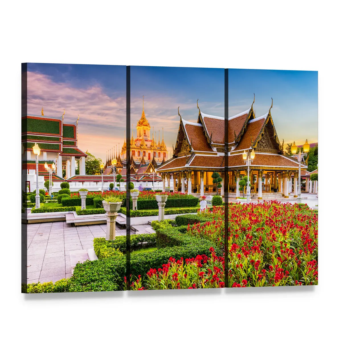 Wat Ratchanatdaram Temple Canvas Wall Art, 3 panel 3 Horizontal layout gallery wrapped canvas set, angled product view