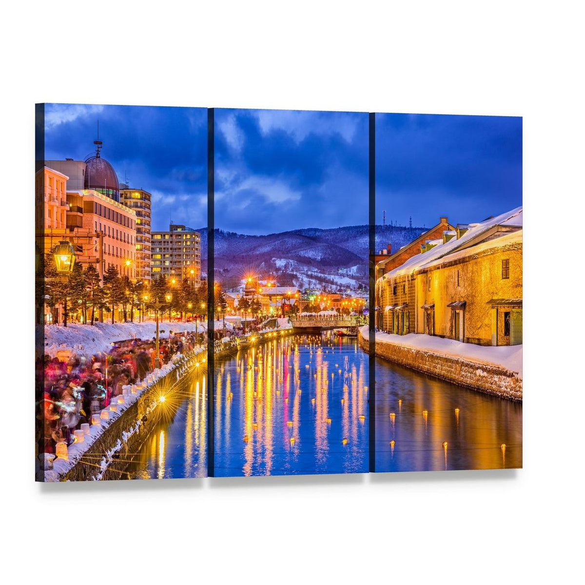 Historic Japanese Canal in Winter Canvas Wall Art, 3 panel 3 Horizontal layout gallery wrapped canvas set, angled product view