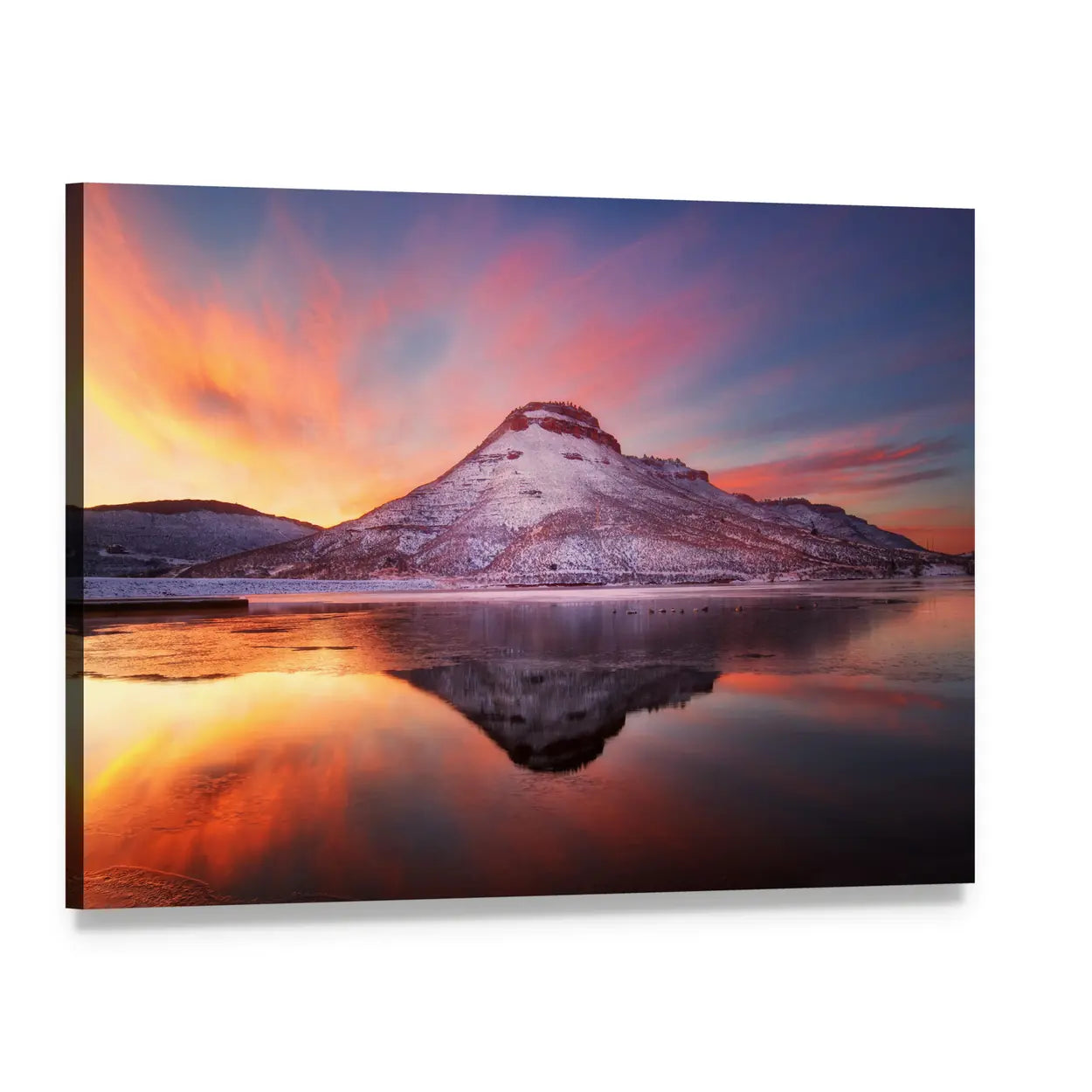 Flatiron Reservoir Winter Sunset Reflection Canvas Wall Art, single panel gallery wrapped canvas, angled product view