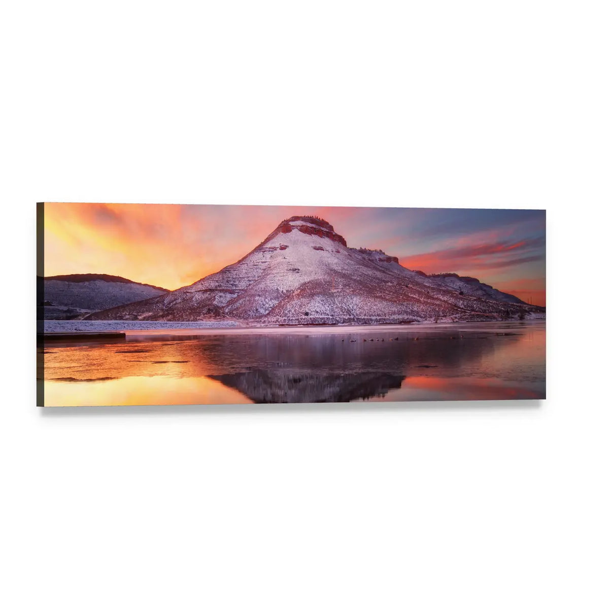 Flatiron Reservoir in Winter Panoramic Canvas Wall Art, single panel gallery wrapped canvas, angled product view