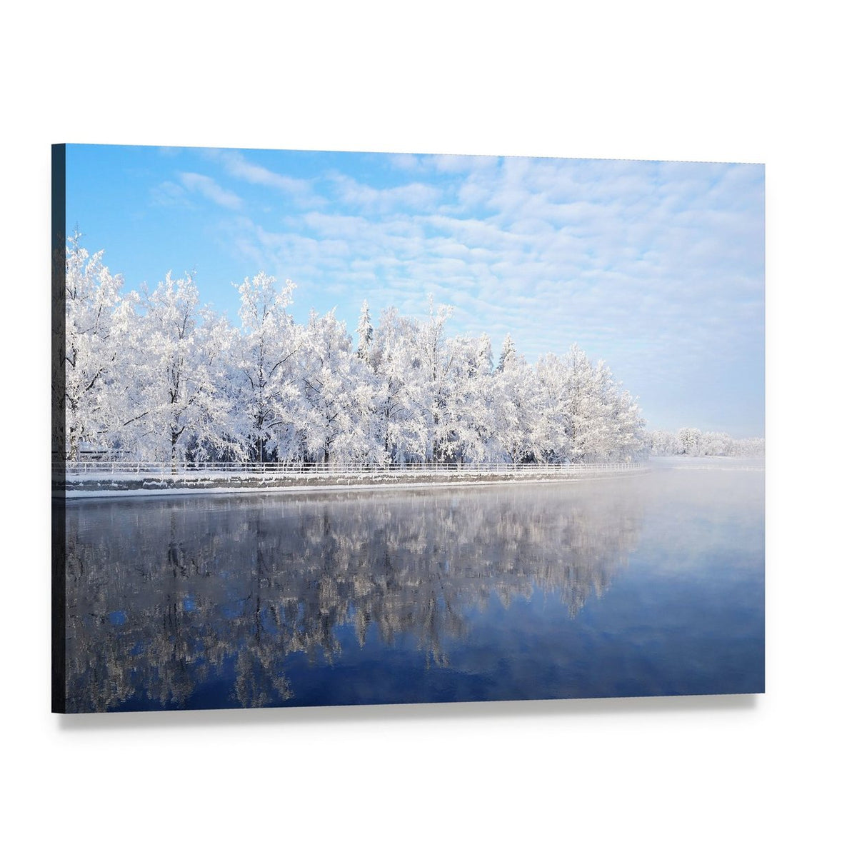 Snow-covered Trees Reflecting on Icy Water Canvas Wall Art, single panel gallery wrapped canvas, angled product view