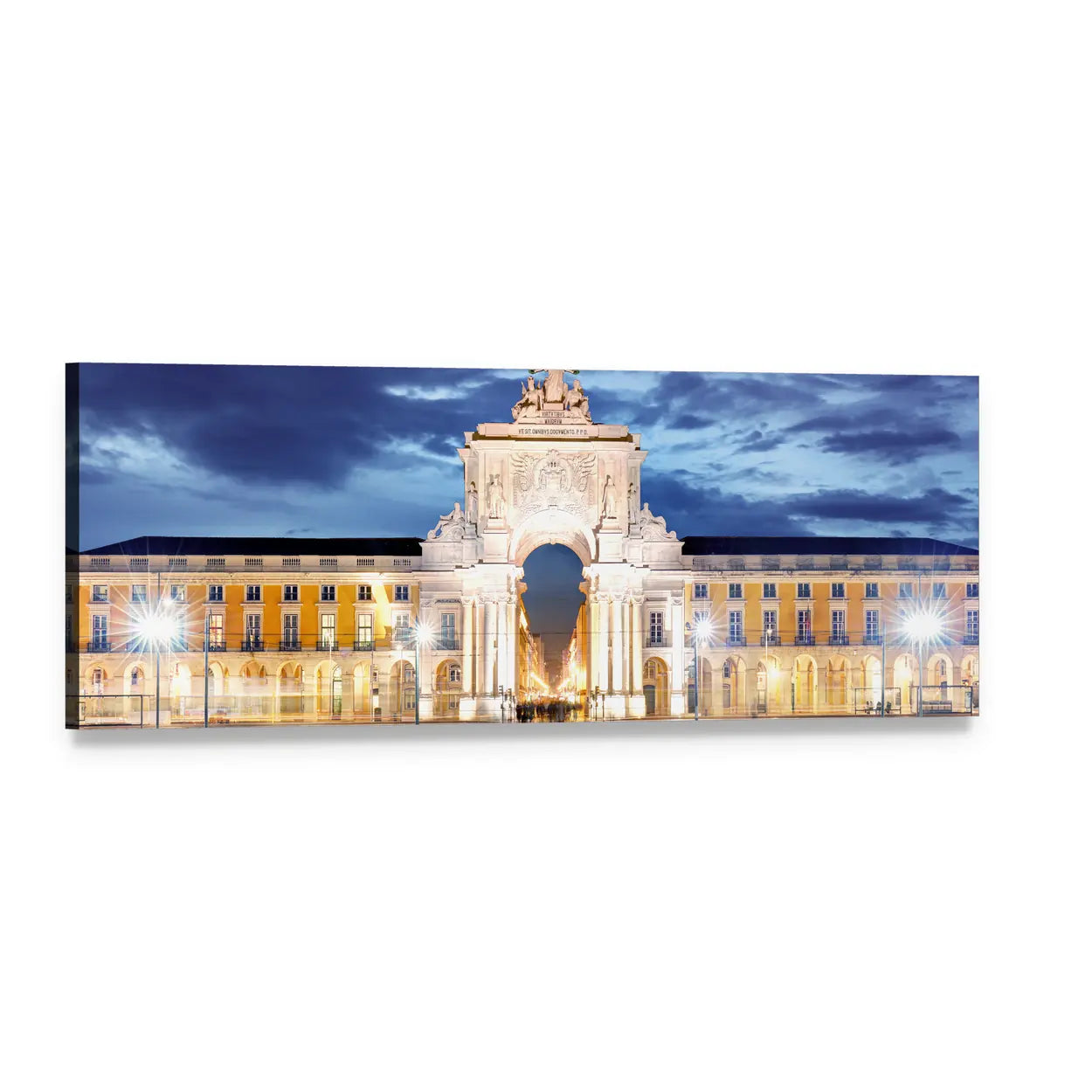 Rua Augusta Arch at Night Panoramic Canvas Wall Art, single panel gallery wrapped canvas, angled product view